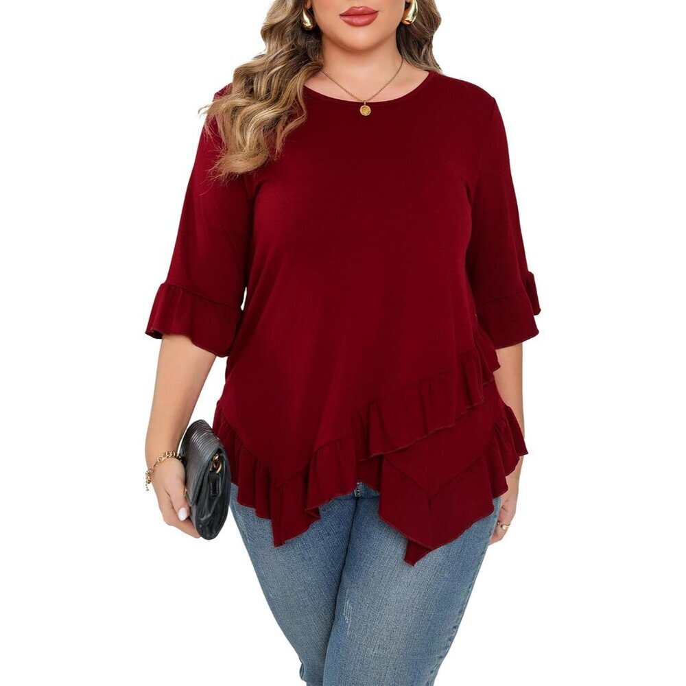 Plus Size Ruffled Hem Crew Neck T-Shirt for Women Casual Flowy Blouse